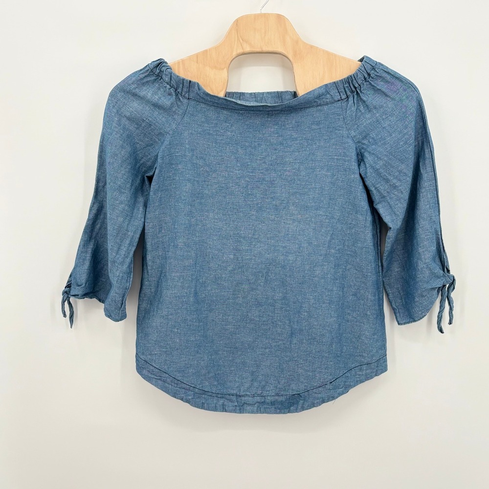 Free People Blue Cotton Linen Off Shoulder Tie Sleeve Blouse Small SP Boho Top